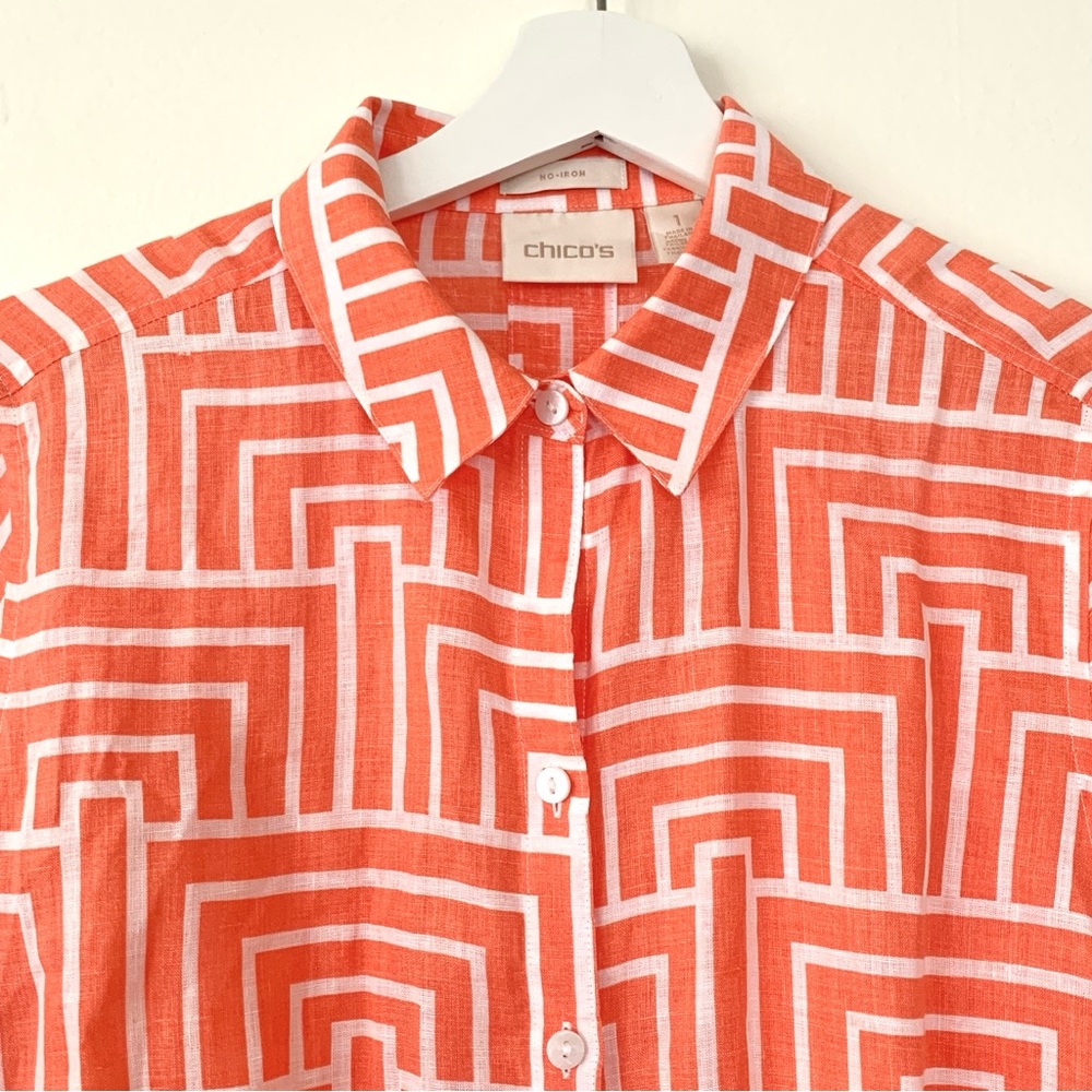 Chicos linen coral orange and white geometric design 3/4 sleeve tunic - Picture 3 of 16